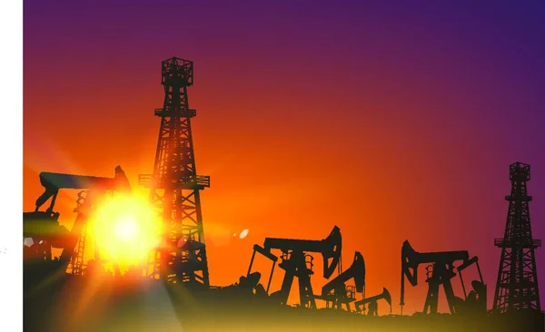 日没時に掘削のための石油デリック産業機械 ベクターイラスト — ストックベクタ