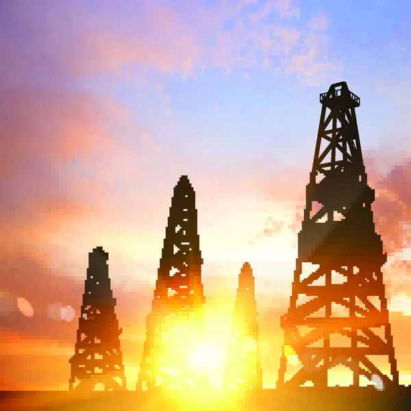石油井架在夕阳的背景 矢量图 — 图库矢量图片