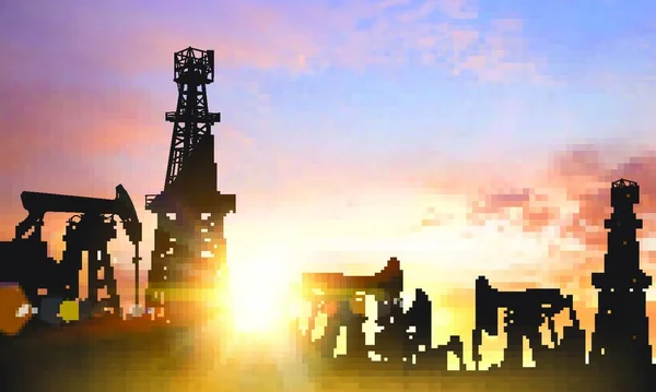 油泵和井架在日落的背景之上 矢量说明 — 图库矢量图片