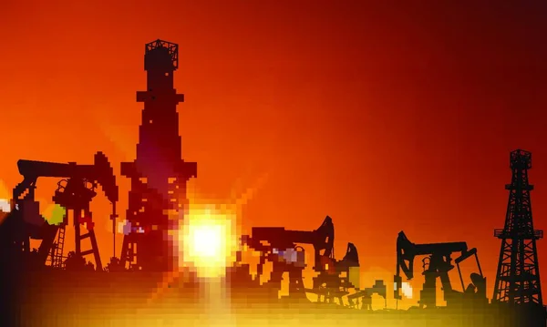 日落时钻油井架工业机器 矢量说明 — 图库矢量图片