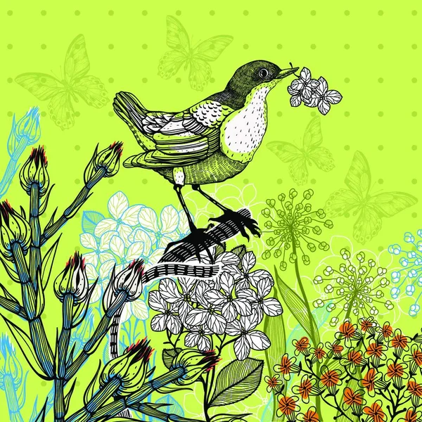 Διανυσματική Απεικόνιση Ενός Πουλιού Και Ανθισμένα Λουλούδια — Διανυσματικό Αρχείο