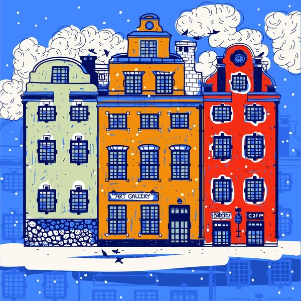 Векторная Иллюстрация Разноцветных Старых Домов Снежных Облаков — стоковый вектор