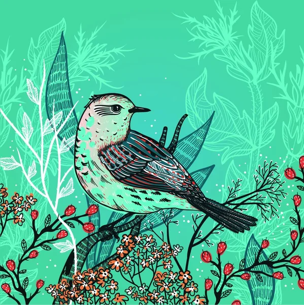 Vektorillustration Eines Vogels Und Wilder Pflanzen — Stockvektor