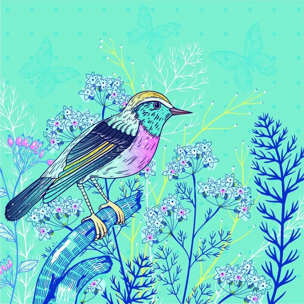 Vector Bloemen Illustratie Van Een Vogel Wilde Planten Een Blauwe — Stockvector