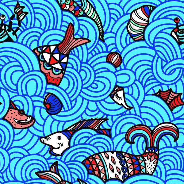 Векторный Безморский Узор Абстрактным Морем Разноцветными Рыбами — стоковый вектор