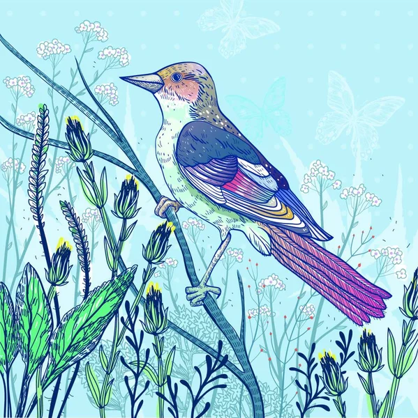 Vektor Handgezeichnete Illustration Eines Vogels Und Wilder Pflanzen — Stockvektor