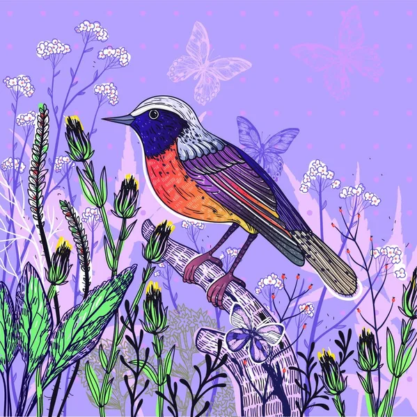 Vektorflorale Illustration Eines Vogels Und Blühender Pflanzen Auf Violettem Hintergrund — Stockvektor