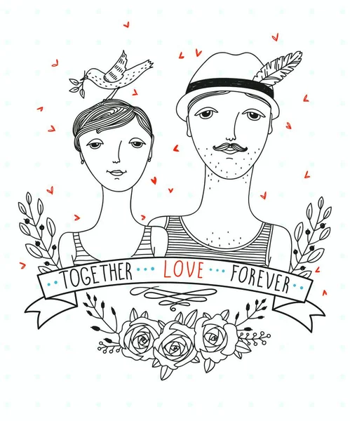 Illustration Vectorielle Jeune Couple Avec Des Roses Rubans Vintage — Image vectorielle