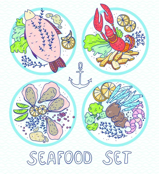 เซตเวกเตอร ของจานท วาดด วยม อพร อมอาหารทะเล — ภาพเวกเตอร์สต็อก
