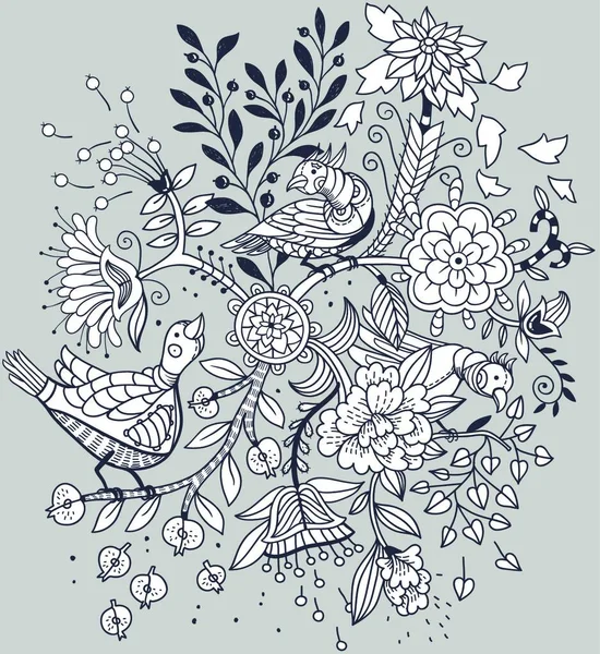 Векторна Квіткова Ілюстрація Фентезійного Дерева Абстрактними Птахами Квітами — стоковий вектор