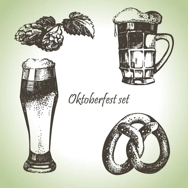 Conjunto Oktoberfest Cerveza Lúpulo Pretzel Ilustraciones Dibujadas Mano — Vector de stock