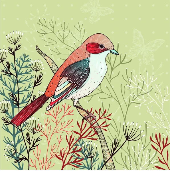 Vektor Florale Illustration Eines Kleinen Vogels Und Wilder Kräuter — Stockvektor