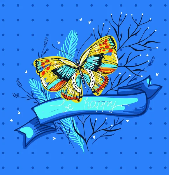 Ilustración Vectorial Una Mariposa Con Plantas Abstractas — Vector de stock