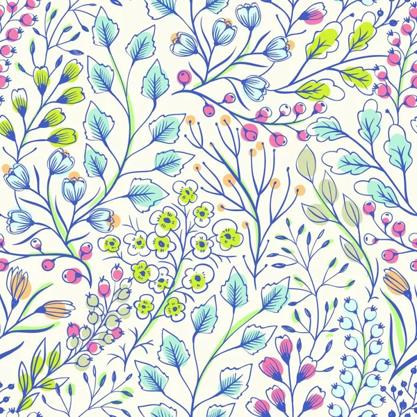 Векторный Цветочный Бесшовный Узор Нарисованными Вручную Травами Растениями — стоковый вектор