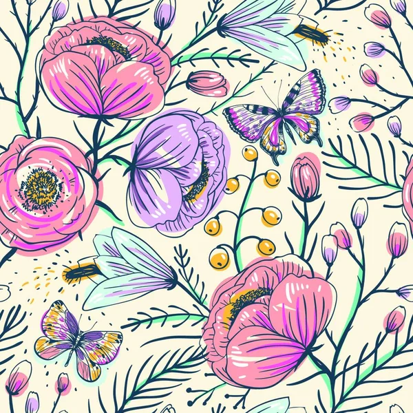 Векторный Цветочный Бесшовный Рисунок Винтажными Розами Бабочками — стоковый вектор