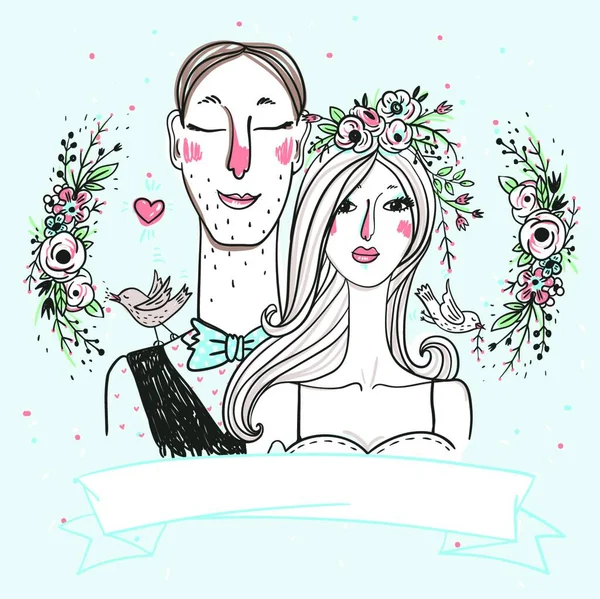 Vektor Hochzeit Illustration Von Hübschen Braut Und Bräutigam Mit Floralen — Stockvektor