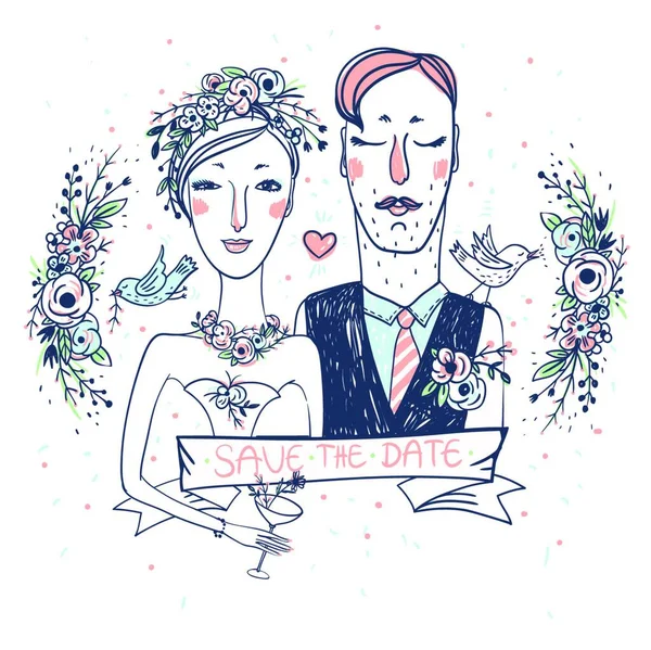 Illustration Vectorielle Mariage Jeunes Mariés Avec Des Fleurs Des Oiseaux — Image vectorielle