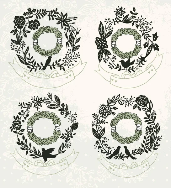 Vector Set Vintage Floral Frames — Stock Vector