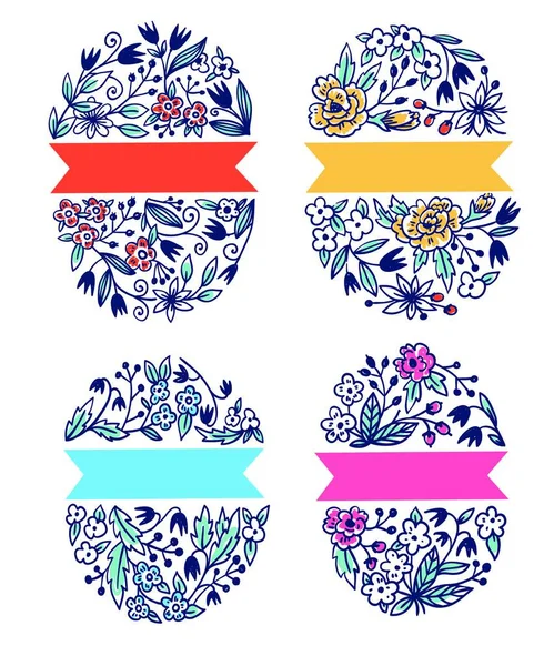 Vector Set Hand Drawn Floral Emblems — Stock Vector