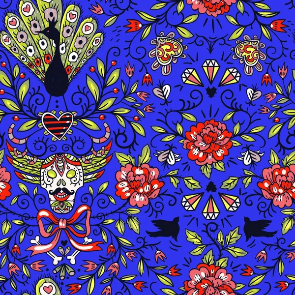 Patrón Sin Costuras Vector Con Rosas Vintage Calaveras Pavos Reales — Archivo Imágenes Vectoriales