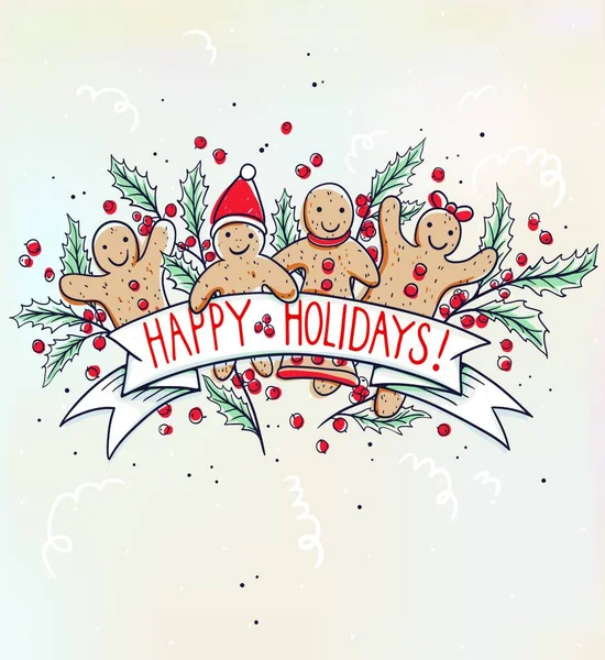 Tarjeta Vectorial Navidad Con Gingerbread Hombres Divertidos — Vector de stock