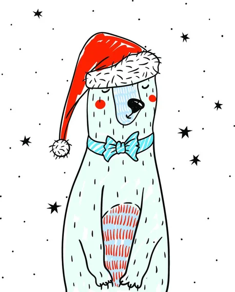 Weihnachtsvektorillustration Eines Niedlichen Bären Mit Rotem Weihnachtsmütze — Stockvektor