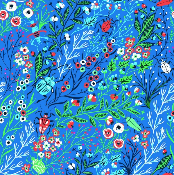 Векторный Цветочный Бесшовный Рисунок Цветами Жуками Синем Фоне — стоковый вектор