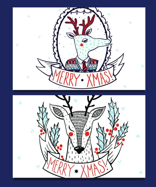有有趣又可爱驯鹿的矢量圣诞卡 — 图库矢量图片
