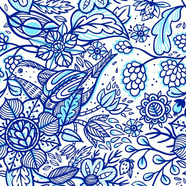 Векторный Цветочный Бесшовный Узор Нарисованными Вручную Растениями Птицами — стоковый вектор