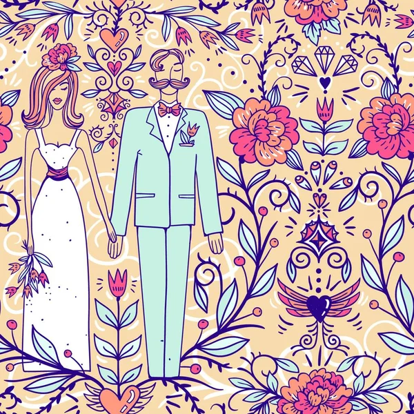 Motif Floral Sans Couture Vectoriel Mariage Avec Jolie Mariée Marié — Image vectorielle
