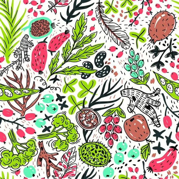 Векторний Квітковий Безшовний Візерунок Намальованими Руками Ягодами Овочами Зеленню — стоковий вектор