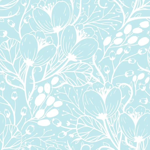 Vector Floral Patrón Sin Costura Con Flores Dibujadas Mano Bayas — Vector de stock