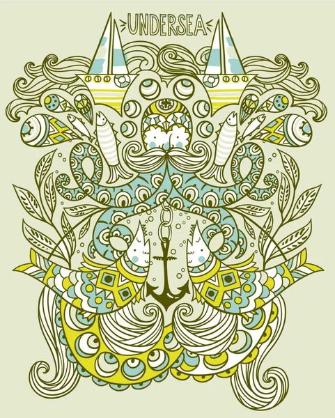 Морские Векторные Иллюстрации Старого Осьминога Декоративных Рыб Лодок Абстрактных Волн — стоковый вектор