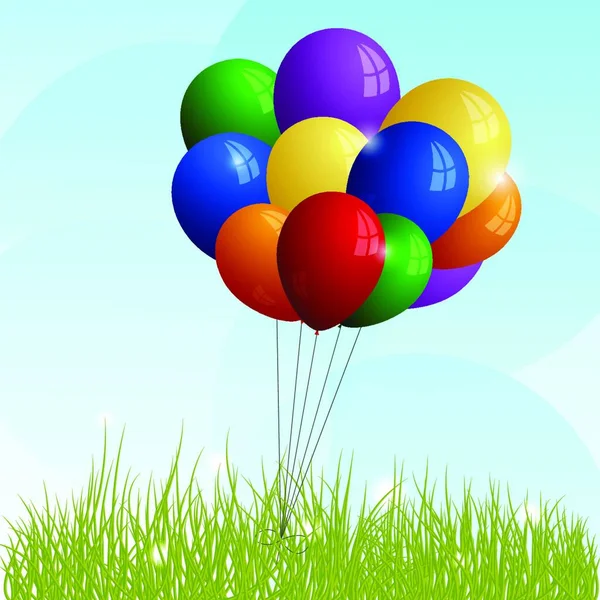 Banda Kolorowych Balonów Zielonej Trawie — Wektor stockowy