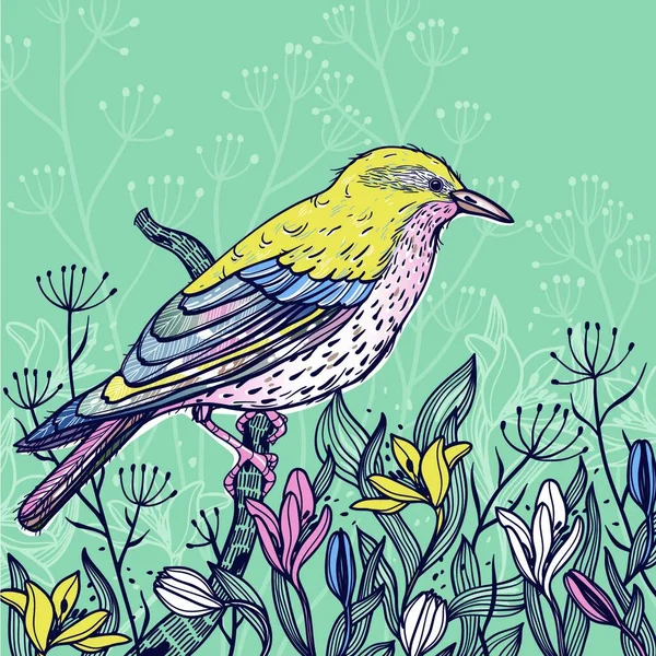 Ilustração Vetorial Pássaro Amarelo Com Flores Primavera Florescendo — Vetor de Stock