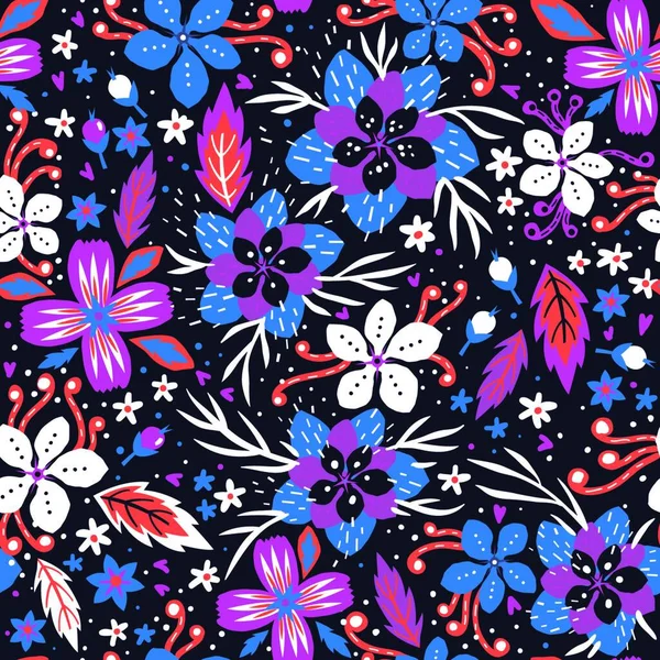 濃い背景にカラフルな抽象的な花を咲かせるベクトル花のシームレスなパターン — ストックベクタ