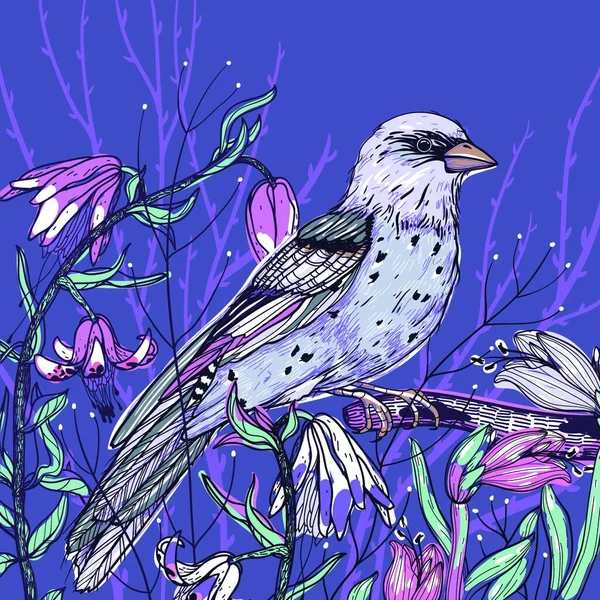 Vektor Hand Ritad Illustration Fågel Och Vår Blommande Blommor Violett — Stock vektor