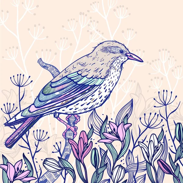 Vektorové Ručně Kreslené Ilustrace Béžového Ptáka Kvetoucích Jarních Květin — Stockový vektor