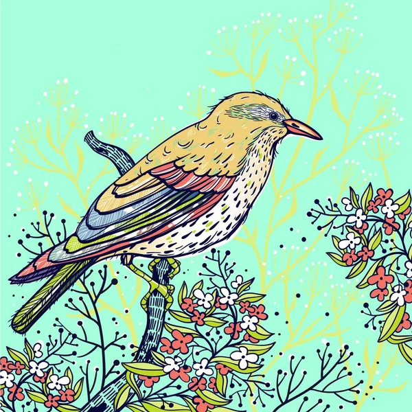 黄色の鳥と野生の花のイラストを鮮やかな青の背景に描いたベクトルハンド — ストックベクタ