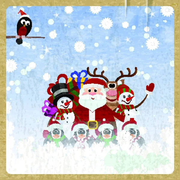 Χαιρετισμός Χριστουγεννιάτικη Κάρτα Τον Άγιο Βασίλη Τάρανδο Χιονάνθρωπο Πιγκουίνους Και — Διανυσματικό Αρχείο