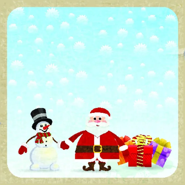 Santa Claus Muñeco Nieve Con Regalos Sobre Fondo Retro — Vector de stock