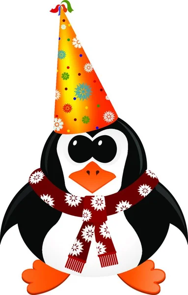 带有派对帽和围巾的卡通企鹅 — 图库矢量图片