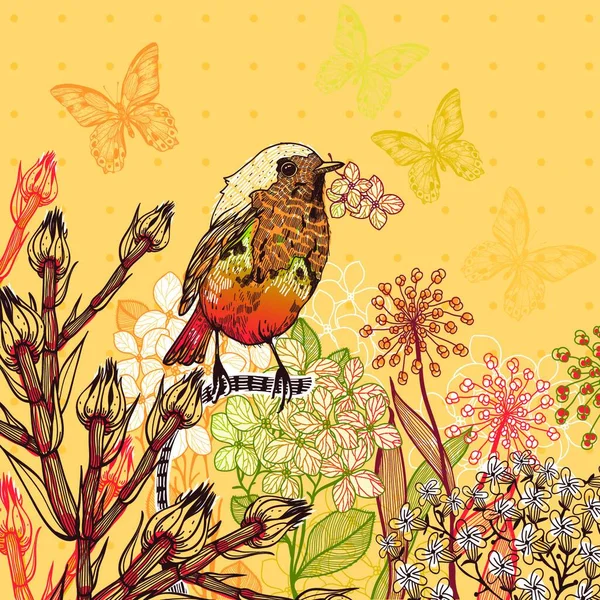 Vector Bloem Illustratie Van Een Klein Vogeltje Bloeiende Zomer Bloemen — Stockvector