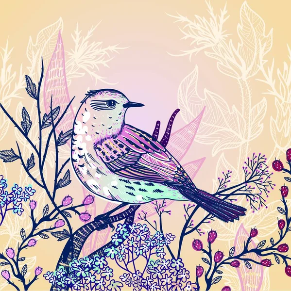 Fondo Floral Vectorial Con Pájaro Dibujado Mano Plantas Florecientes — Vector de stock