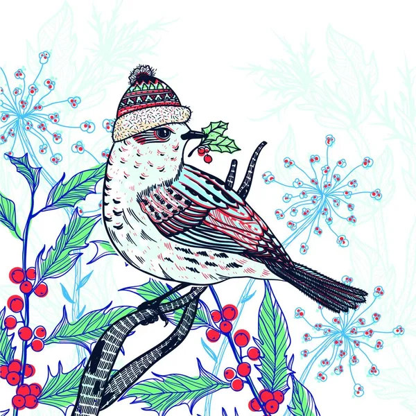 Boże Narodzenie Wektor Ilustracja Cute Ptaka Dzianinie Czapka Zimowa — Wektor stockowy