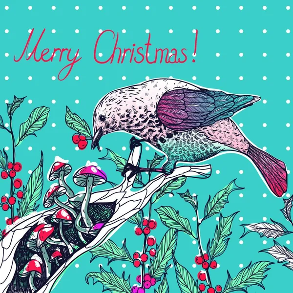 Illustration Vectorielle Noël Oiseau Aux Baies Houx — Image vectorielle