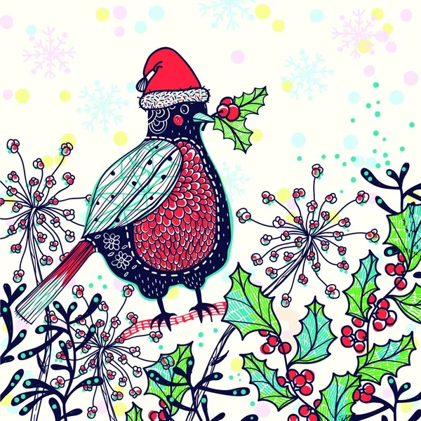 Illustration Vectorielle Noël Oiseau Drôle Dans Chapeau Rouge Père Noël — Image vectorielle