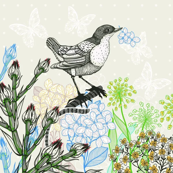 Vektor Blommig Illustration Liten Fågel Och Blommande Växter — Stock vektor