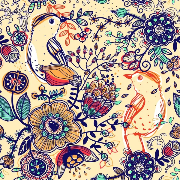 Vector Floral Patrón Sin Costura Con Pájaros Flores Fantasía — Archivo Imágenes Vectoriales