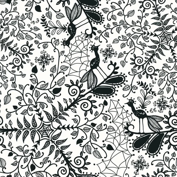 Vector Floral Patrón Sin Costuras Con Pequeños Pavos Negros — Archivo Imágenes Vectoriales